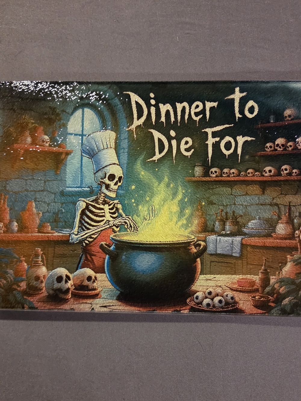 Halloween Skeleton Chef Glass Cutting Board Dinner to Die For 8x11